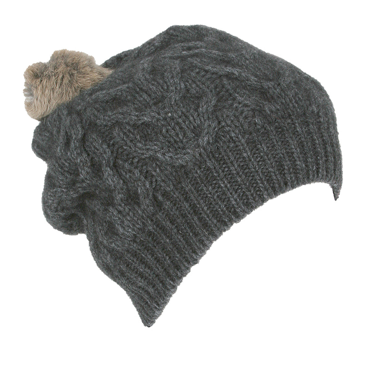 Merino Possum Relaxed Cable Beanie with Rabbit Fur Pompom
