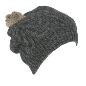 Merino Possum Relaxed Cable Beanie with Rabbit Fur Pompom