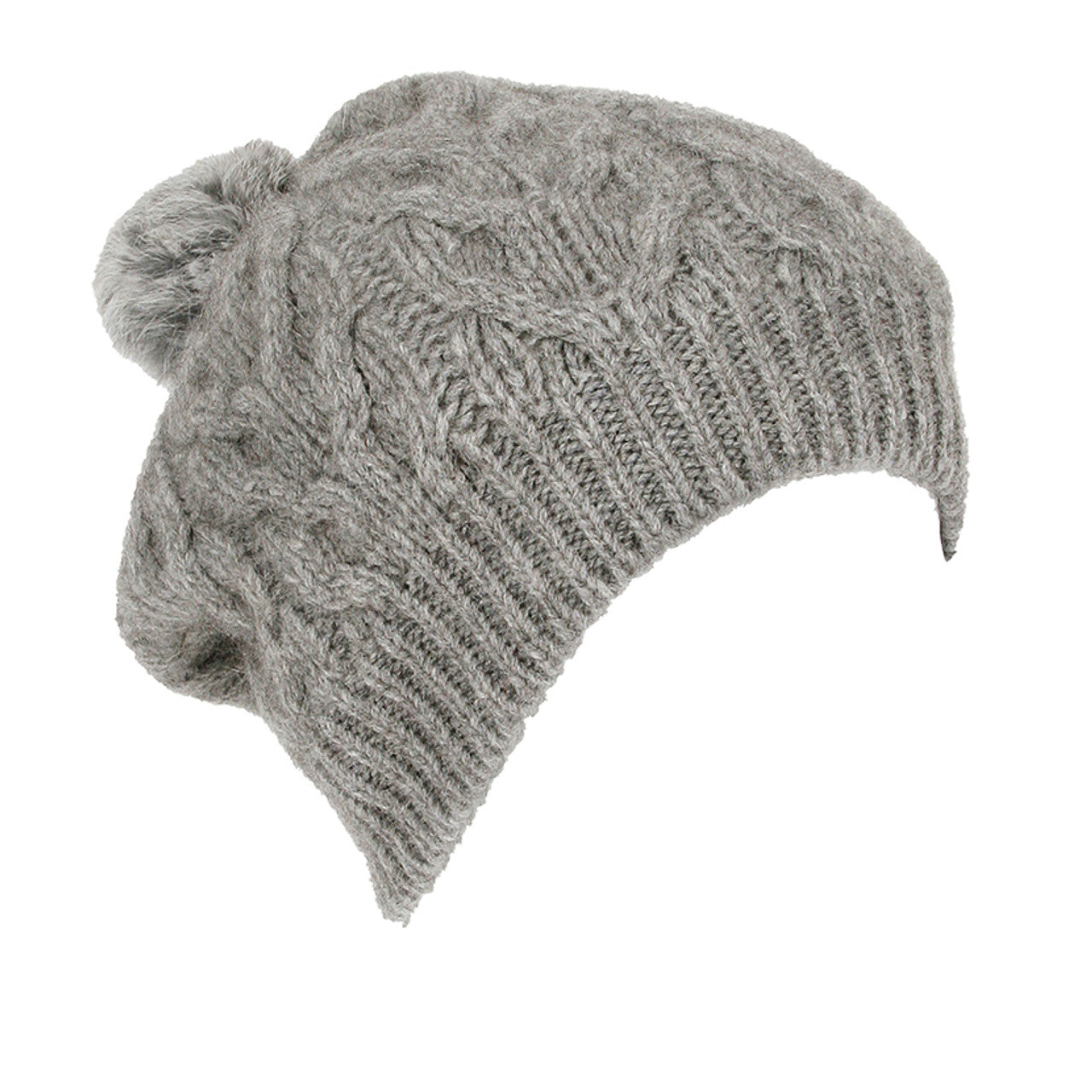 Merino Possum Relaxed Cable Beanie with Rabbit Fur Pompom