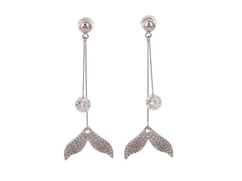 Boxed zircon whale-tail rhodium earrings