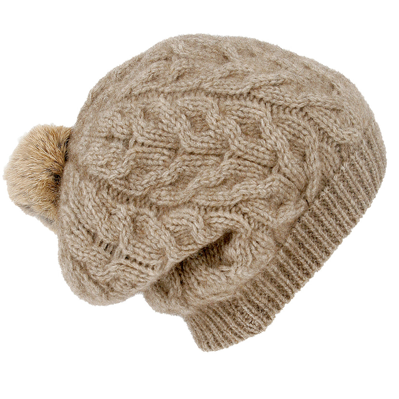 Merino Possum Relaxed Cable Beanie with Rabbit Fur Pompom