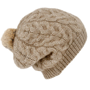 Merino Possum Relaxed Cable Beanie with Rabbit Fur Pompom