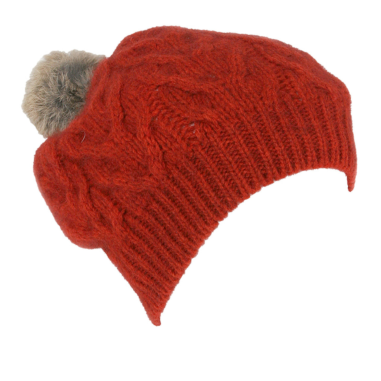 Merino Possum Relaxed Cable Beanie with Rabbit Fur Pompom